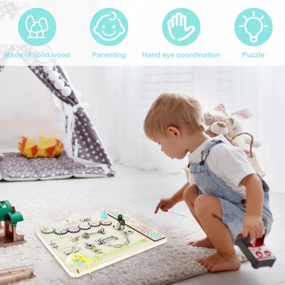 Tavola sensoriale in legno Montessori portatile con chiusure di sicurezza per bambini piccoli