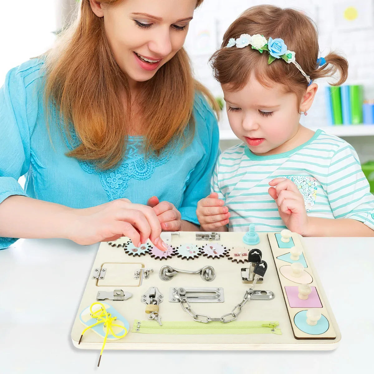 Tavola sensoriale in legno Montessori portatile con chiusure di sicurezza per bambini piccoli