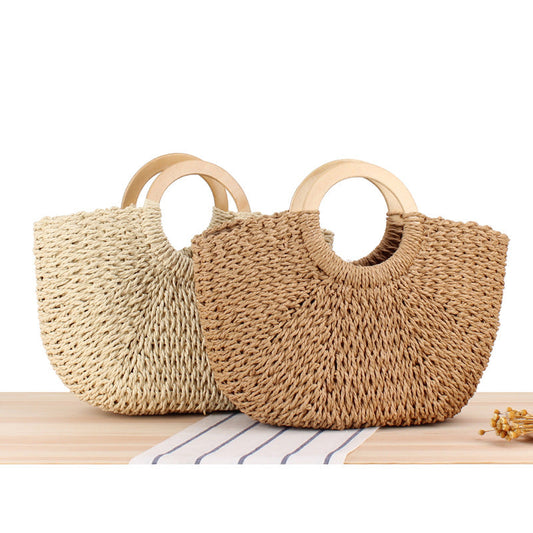 Wooden Handle Carrying Straw Woven Paper Rope Beach Bag