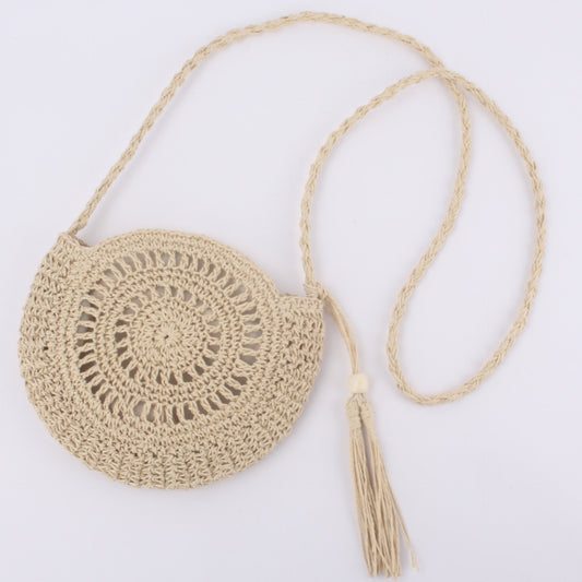 Crocheted Round Straw Tassel Woven Bag