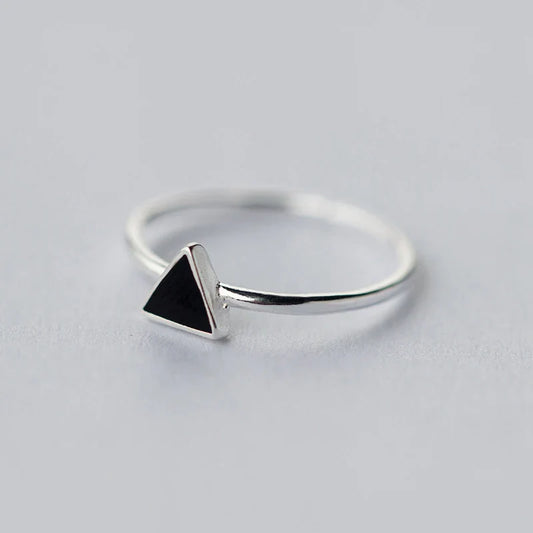 Black Enamel Adjustable Triangle Sterling Silver 925 Ring for Women