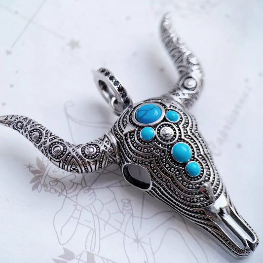 Pendant Blue Bull Head Skull Fashion Punk Ethnic Jewelry Europe 925 Sterling Silver Turquoise Rebel Gift For Woman & Men