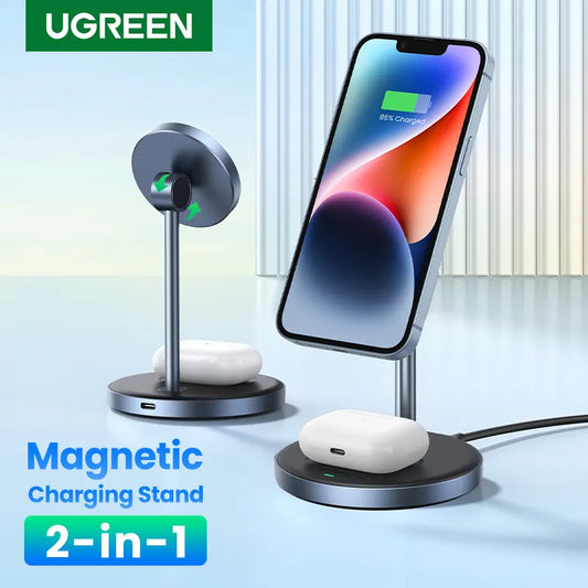 UGREEN Magnetischer kabelloser Ladeständer 20W Max 2-in-1-Ladeständer für iPhone 15 14 Pro Max/iPhone 13/AirPods Schnellladegerät