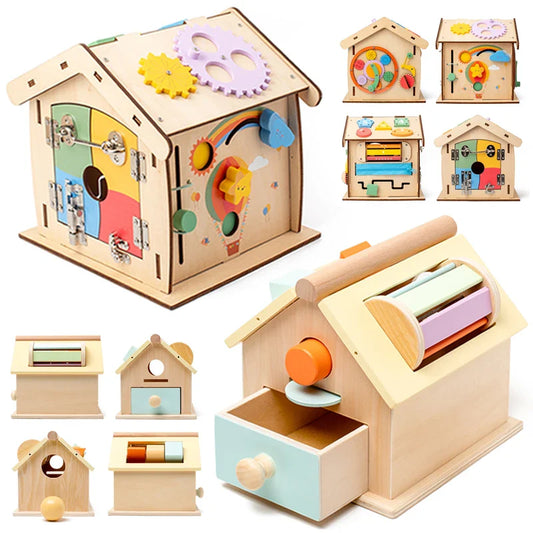 Montessori Wooden House Educational with Board Activity Object Box