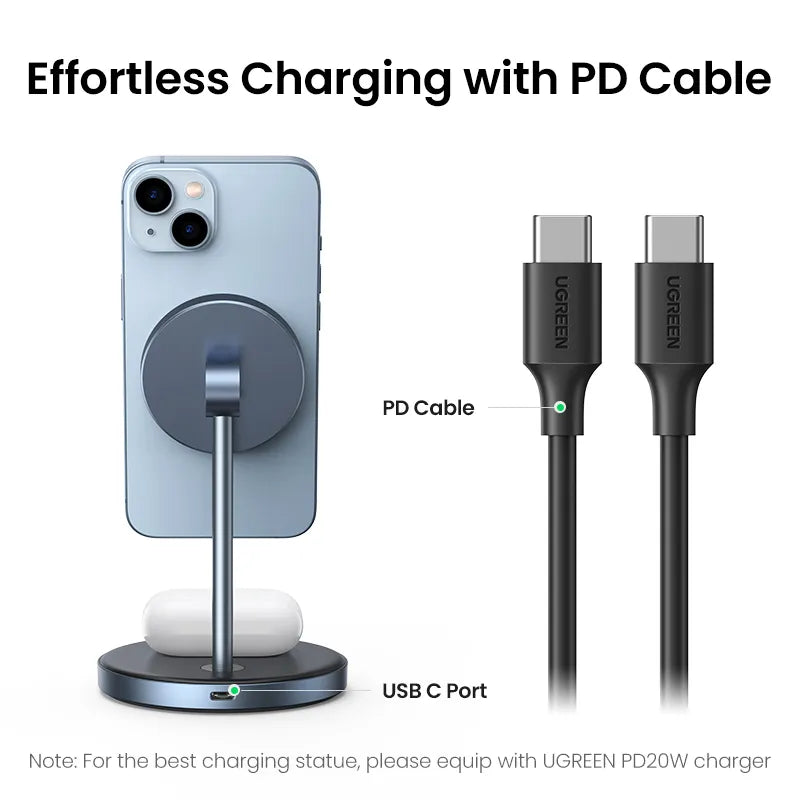 UGREEN Magnetischer kabelloser Ladeständer 20W Max 2-in-1-Ladeständer für iPhone 15 14 Pro Max/iPhone 13/AirPods Schnellladegerät