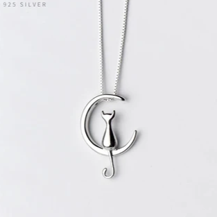 Moon & Cat Necklace 925 Sterling Silver Fashion Jewelry